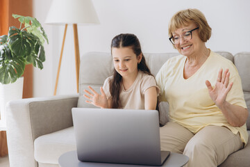 Granddaughter with grandmother waving hand during video call. Old woman sitting with her little granddaughter making a video call.