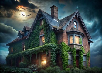 Fototapeta premium Dark gutters like jagged teeth encase the worn brick house, ivy crawling up walls as fog rolls in, midnight sky looming above.
