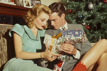 American girl excitedly opens gift box with her boyfriend's caring gesture.