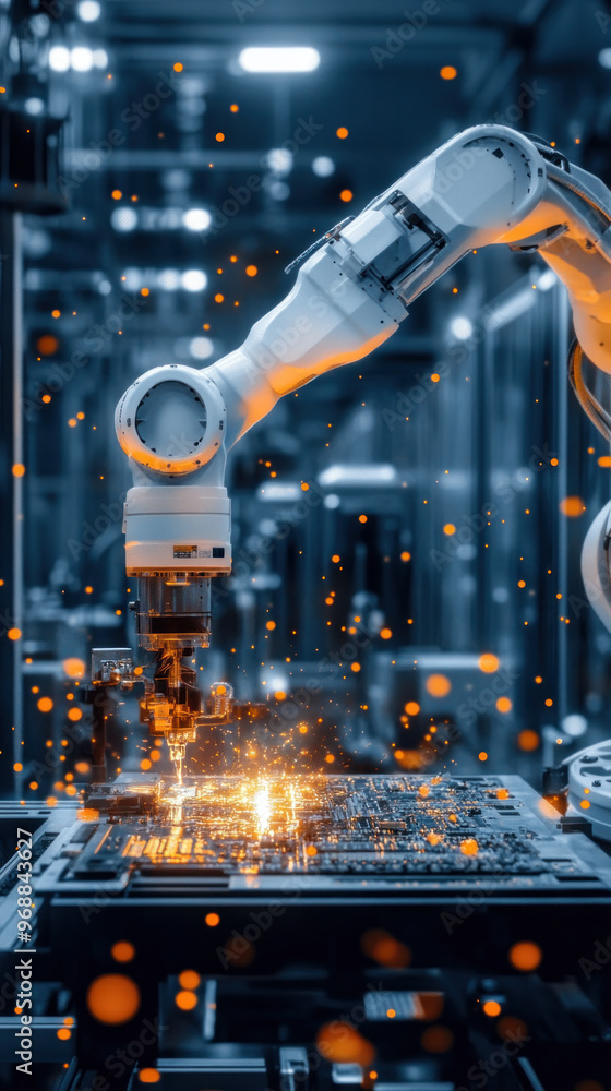 Poster a robot is working on a piece of electronic equipment. the robot is surrounded by sparks and the ima