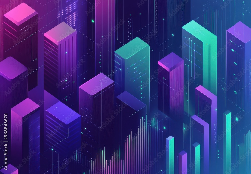 Aufkleber isometric illustration of data visualization with neon skyscrapers representing digital information 