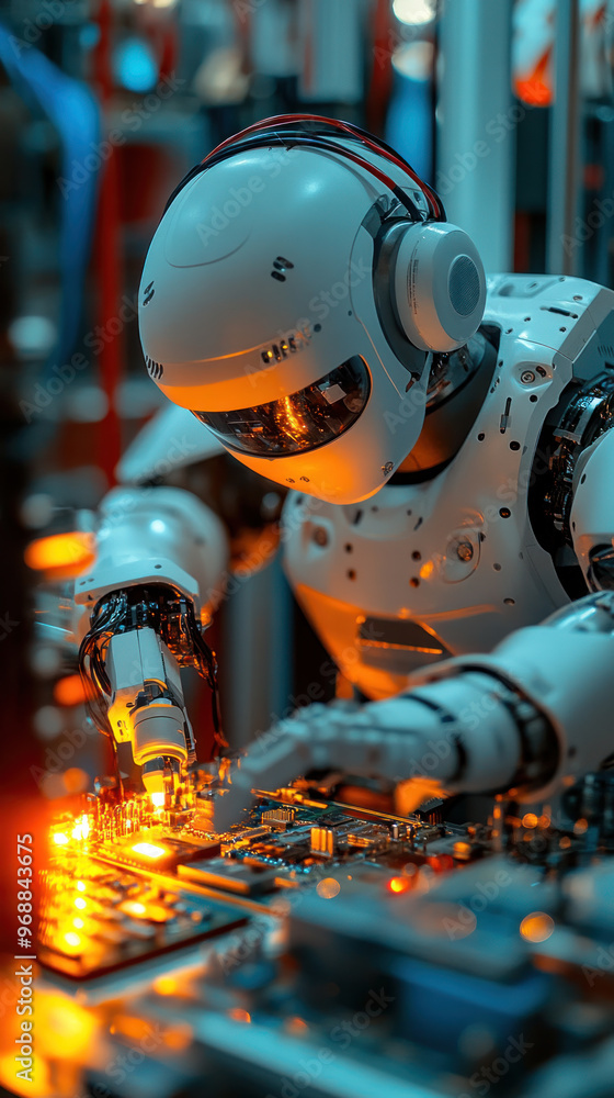 Poster a robot is working on a computer chip. the robot is white and has a helmet on