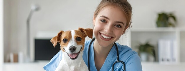 Smiley veterinarian in blue scrubs holding a cheerful brown and white dog and looking at the camera in the clinic’s interior, holding the dog and examining it