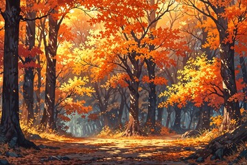 A picturesque autumn scene with vibrant orange trees lining a forest pathway.