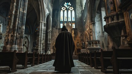 Naklejka premium A man in a black cloak stands in a large church