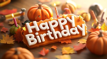 An orange pumpkin is displayed on a wooden table surrounded by vibrant autumn leaves, creating a festive birthday environment.