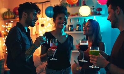 Friends having a Halloween party for National Caramel Apple Day, October 31st, dressing up and enjoying caramel apples, hyperrealistic . Video