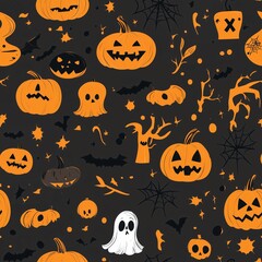 Halloween Endlos Muster für Geschenkpapier, Verpackung, Hintergrund, Tile Design mit Halloween Elementen, Fledermaus Kürbis Gespenst