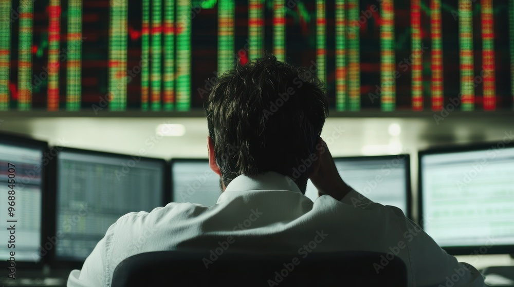 Poster Man Working at a Computer with Financial Data Displayed on Monitors