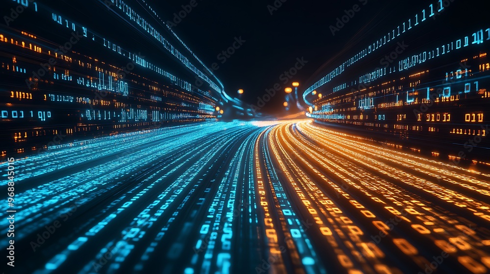 Poster futuristic road with binary code flowing, fast speed and advanced technological background