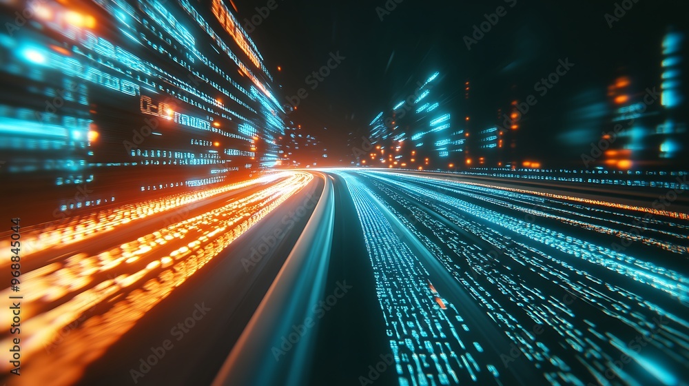 Poster binary code stream flowing on a futuristic road, symbolizing speed and technological innovation