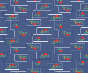 Japanese Flower Leaf Motif Rectangle Line Vector Seamless Pattern