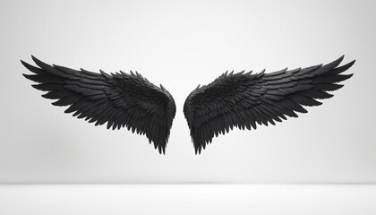 Paire ailes ange plumes noires réalistes légende créature fond blanc 3D render.