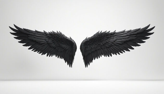 Paire ailes ange plumes noires r&eacute;alistes l&eacute;gende cr&eacute;ature fond blanc 3D render.