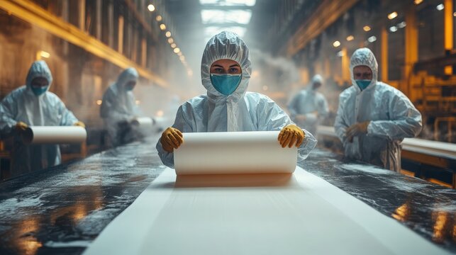 Dedicated workers prepare rolls of paper in a factory, using protective gear for safety and hygiene