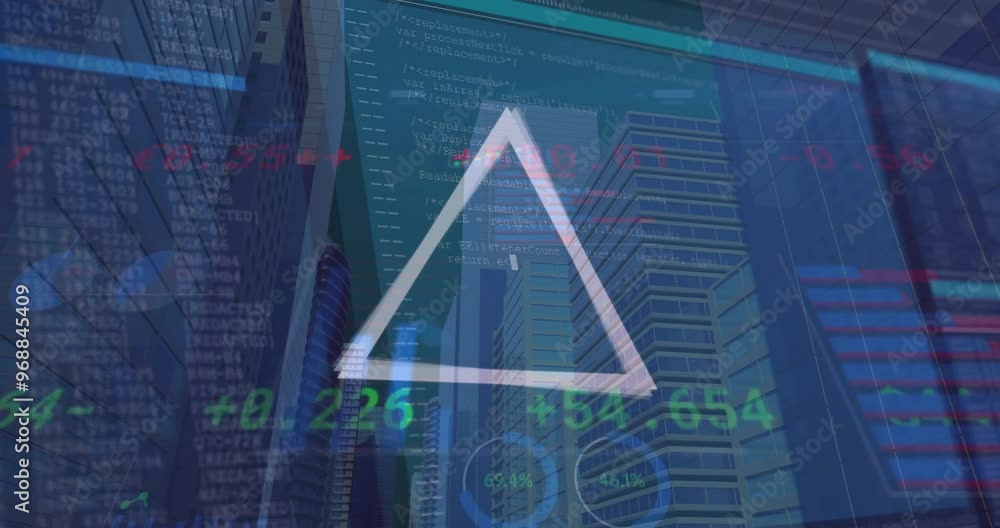 Poster animation of financial data processing over computer screens and city