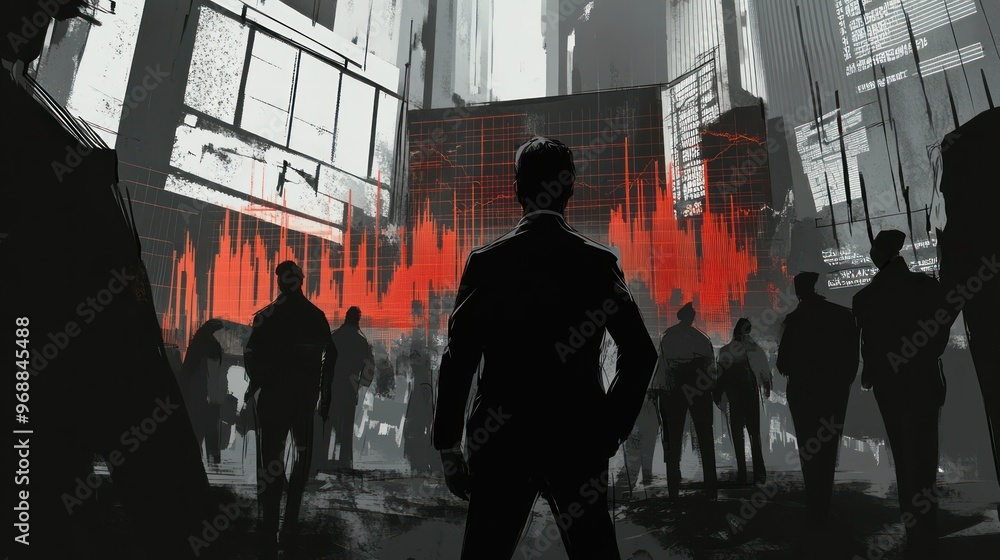 Poster Silhouetted Figures Standing Before a Red-Orange Data Display in an Urban Setting