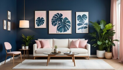 Photo modern style interior room 3d illustration Interior,Kitchen,Washrooms frame living room with colorful white sofa,led with blank frame