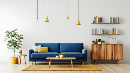 Minimalist living room with a blue sofa, wooden flooring, white walls, and a wooden cabinet with bookshelves behind it