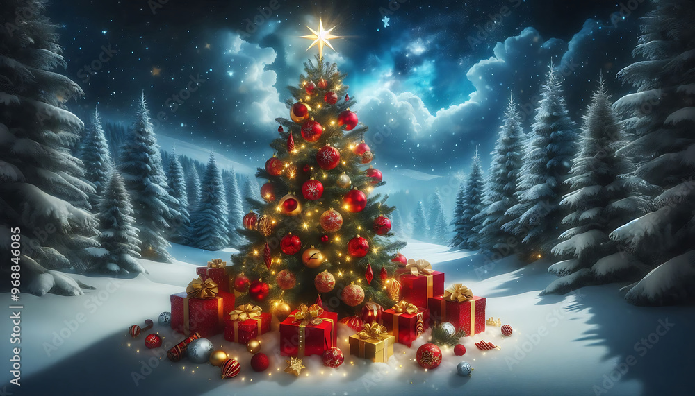 Wall mural A beautifully decorated christmas tree adorned with red and gold ornaments and topped with a bright star stands in a snowy landscape