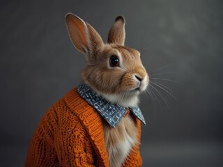 Obraz premium Stylish Rabbit in Orange Sweater with Blue Collar Studio Portrait