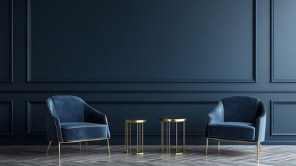 Modern minimalist design with dark blue wall, two chairs, and gold side tables, stylish interior decor