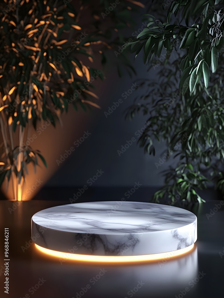 Poster marble pedestal with illuminated base in a lush setting