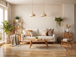 Softly lit cream walls envelop a serene space, warmed by rich wood accents and minimal decorative touches, creating a peaceful Scandinavian retreat.