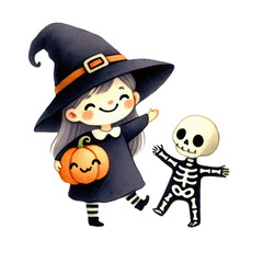 A cheerful witch and her playful skeleton friend with a pumpkin. Perfect for Halloween-themed designs and festive projects.