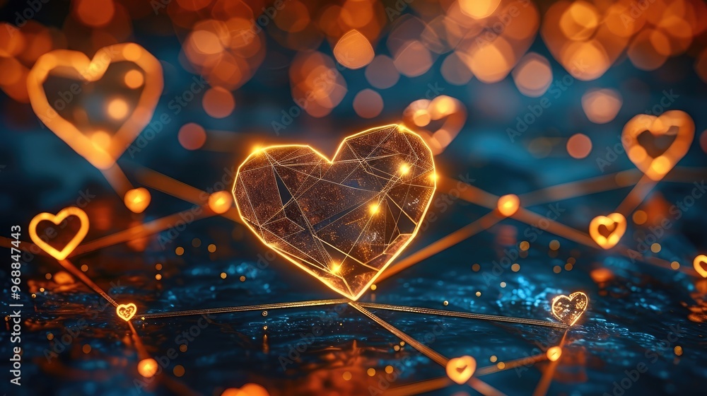 Aufkleber a series of interconnected hearts forming a glowing, radiant network, with thin, golden threads conn