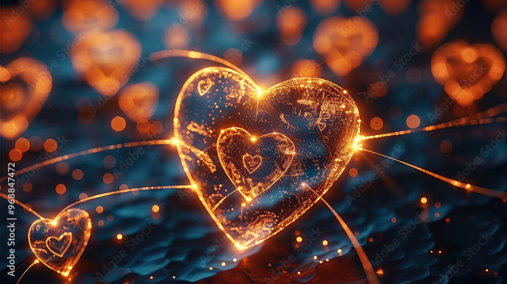 Aufkleber a series of interconnected hearts forming a glowing, radiant network, with thin, golden threads conn