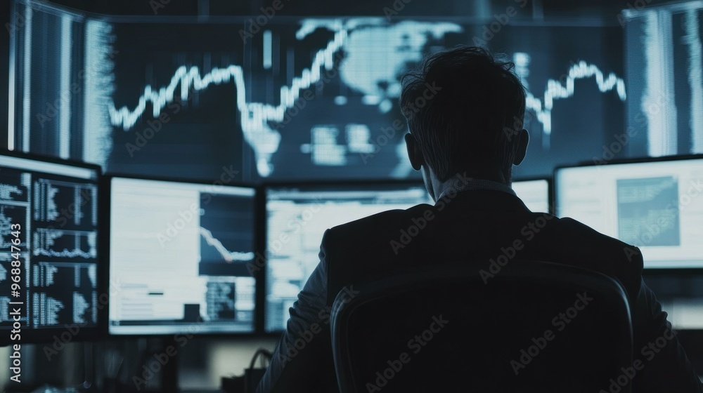Poster A Silhouetted Figure Working in Front of Multiple Computer Monitors Displaying Data