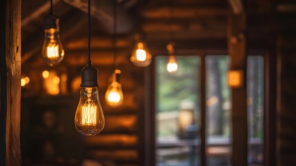 Turn on the light: A group of incandescent bulbs glowing warmly in a cozy, rustic cabin, the light reflecting off wooden beams and soft furnishings, the mood is relaxed and inviting,