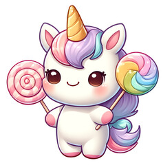 A cute cartoon unicorn holding colorful lollipops, perfect for children's themes and whimsical designs.