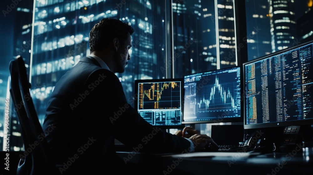 Poster Man in Suit Analyzing Financial Data on Multiple Monitors in a Skyscraper Office at Night