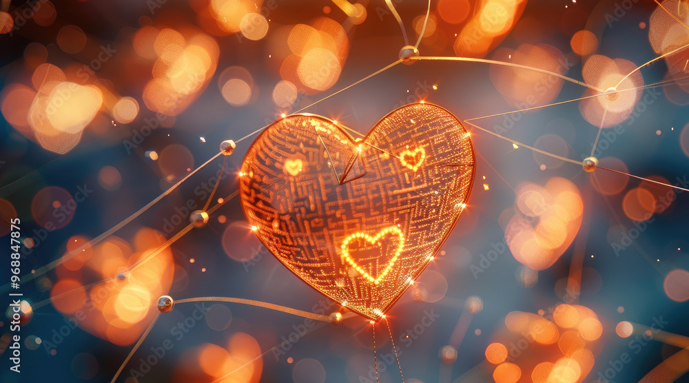 Aufkleber a series of interconnected hearts forming a glowing, radiant network, with thin, golden threads conn