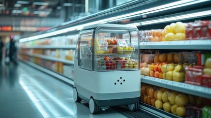 AI-enhanced autonomous shopping carts guiding customers through smart supermarkets: Carts equipped with AI helping customers find products and navigate the store efficiently.