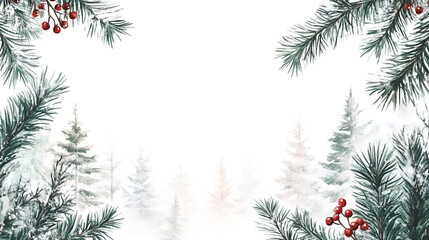 "Snowy winter landscape with frosty pine trees creating a peaceful and serene atmosphere. Perfect for Christmas, holiday cards, or seasonal backgrounds with a tranquil winter feel."