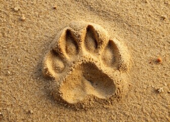 A delicate feline paw print emerges on the fine grain sand, the toes curled slightly inward, edges blurred by the gentle lapping of the waves.