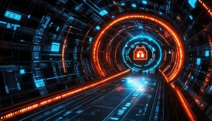 Obraz premium Futuristic Technology Tunnel with Glowing Headphone Icon, Virtual Reality Concept Design