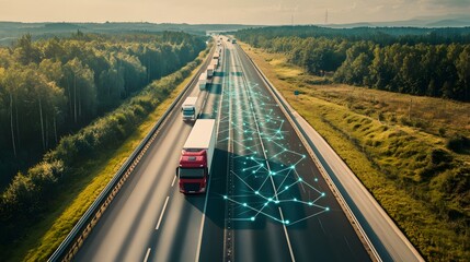 6. A network of delivery trucks on a highway, illustrating a logistics route