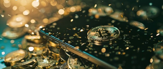 A reflective scene of cryptocurrency coins and a smartphone, symbolizing the modern digital finance world and investments.