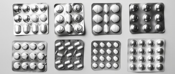 Multiple blister packs of various medications are neatly arranged in rows on a table, highlighting their shapes, sizes, and packaging.