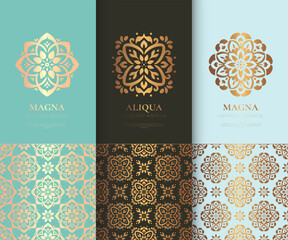 Set of golden mandala logos. Can be used for jewelry, beauty and fashion industry. Great for emblem, monogram, invitation, flyer, menu, brochure, background, or any desired idea.