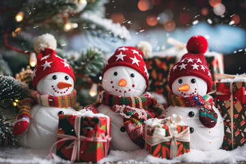 Christmas greeting card with bright winter holiday snowman and New Year background