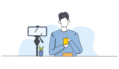 Vector illustration of a male blogger is reviewing a product. Modern flat in continuous line style.