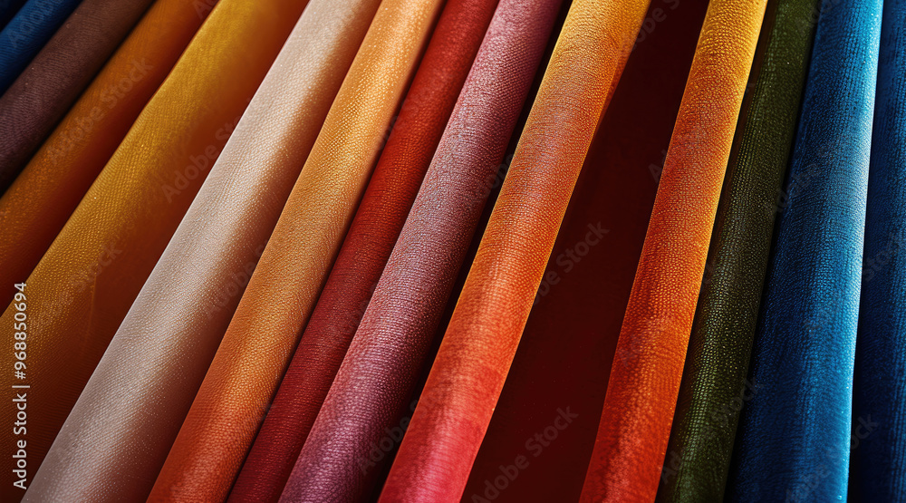Poster a rainbow of solid color fabric samples, close-up of different textures and finishes from smooth cot