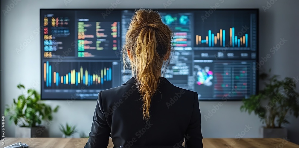Aufkleber a businesswoman in a black blazer sits in front of a large monitor displaying data graphs and charts