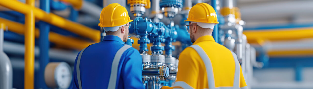 Engineers working on complex water treatment systems, industrial environment, 3D illustration