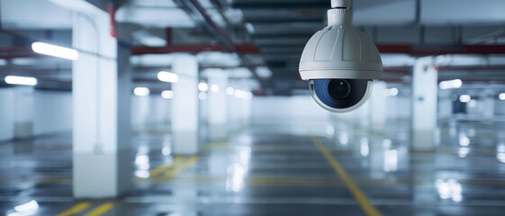A surveillance camera hangs from the ceiling of a dimly lit, empty parking garage, instilling a sense of security and vigilance.